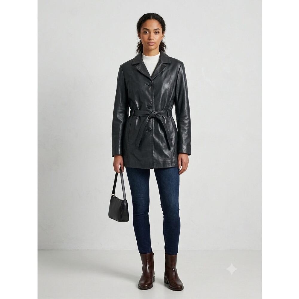 Wilsons Leather Belted Jacket Blk Women's L Y2K Minimalist Chic Downtown Girl